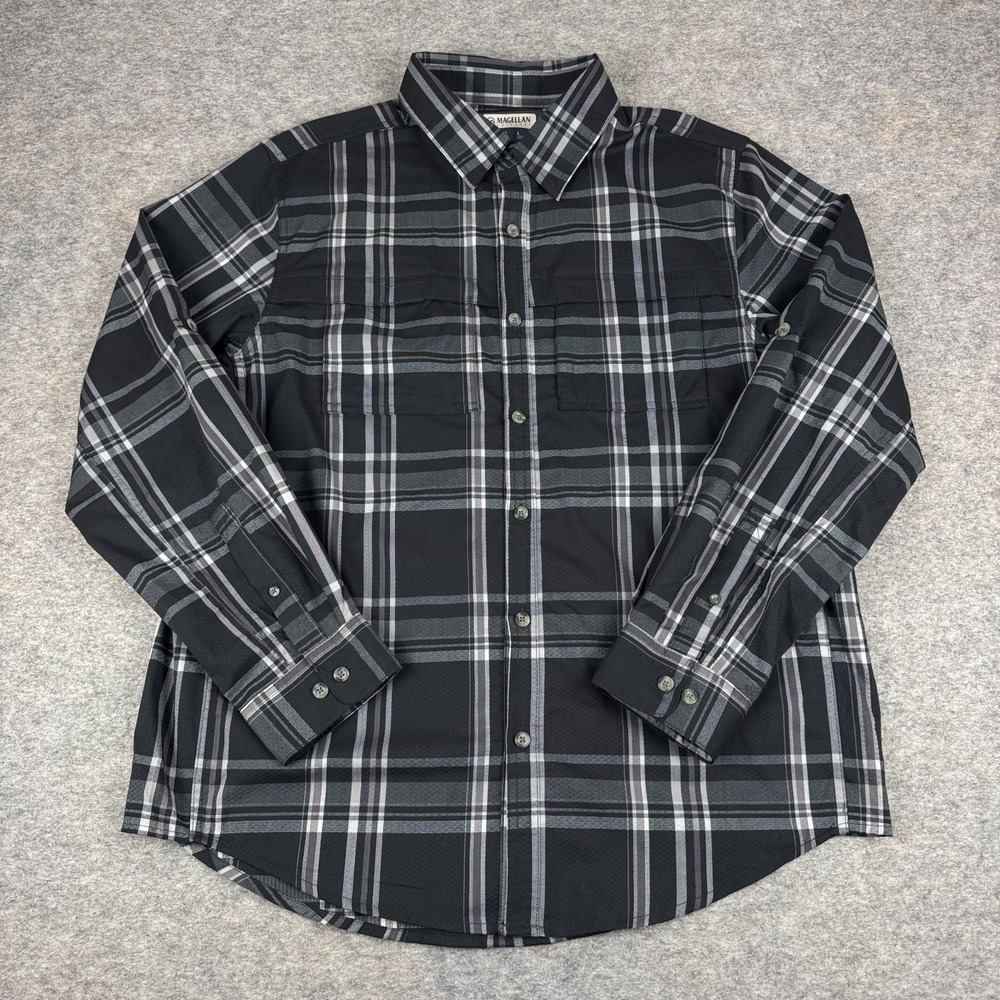 Magellan Classic Fit Button Up Shirt Long Sleeve Plaid Black Mens Large L